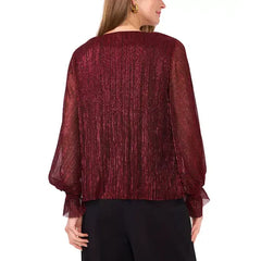 Macy's Women's Metallic V-Neck Sheer-Sleeve Top-Ultra red