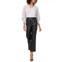 Macy's Women's Metallic V-Neck Sheer-Sleeve Top-Silver