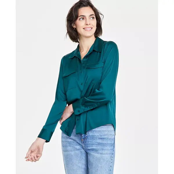 Women's Button-Front Long-Sleeve Utility Shirt, Created for Macy's-Dark fores