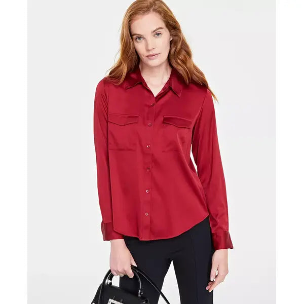 Women's Button-Front Long-Sleeve Utility Shirt, Created for Macy's-Red