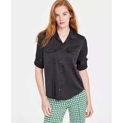 Women's Button-Front Long-Sleeve Utility Shirt, Created for Macy's-Deep black