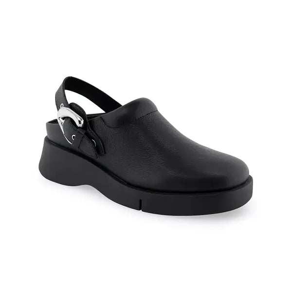 Aerosoles Womens Fox Buckle Strap Clog, Comfortable Stylish Slip On Shoes ,Black Smooth Leather