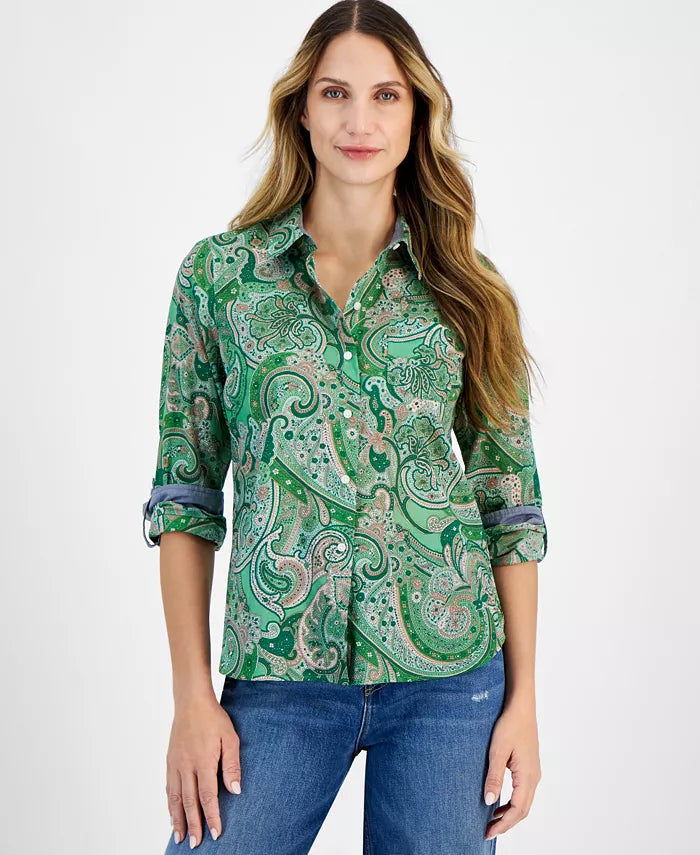 Macy's Women's Cotton Paisley Roll-Tab Shirt-Green