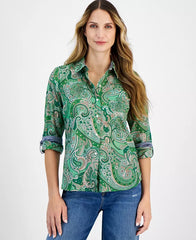 Macy's Women's Cotton Paisley Roll-Tab Shirt-Green