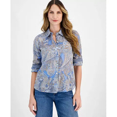Macy's Women's Cotton Paisley Roll-Tab Shirt-Bright blue