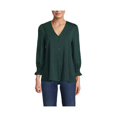 Macy's Women's 3/4 Sleeve Lightweight Jersey Button Front Top-Deep forest
