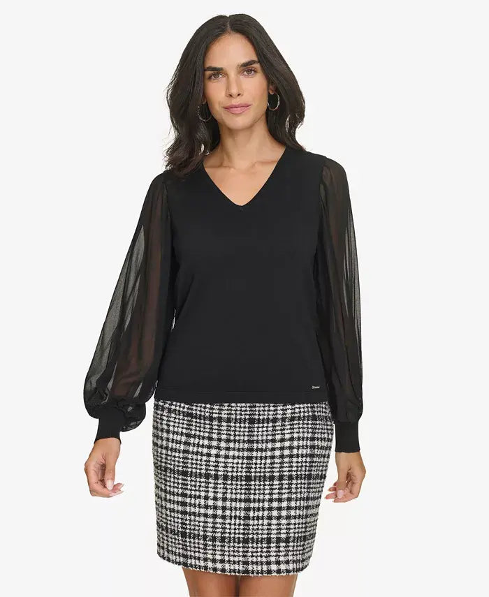 Macy's Women's V-Neck Mixed-Media Top-Black
