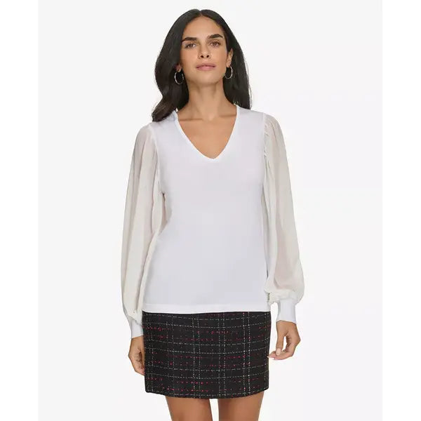 Macy's Women's V-Neck Mixed-Media Top-Cream