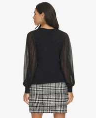 Macy's Women's V-Neck Mixed-Media Top-Black