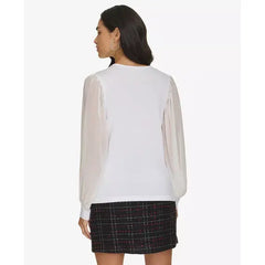 Macy's Women's V-Neck Mixed-Media Top-Cream
