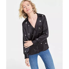 Women's Rhinestone Satin Button-Up Shirt, Created for Macy's-Deep black