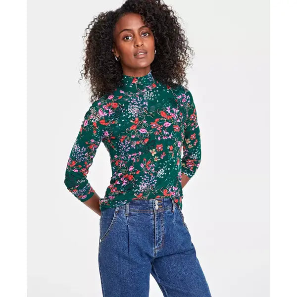Women's Patterned Mock-Neck Mesh Top, Created for Macy's-Dark forest