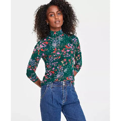 Women's Patterned Mock-Neck Mesh Top, Created for Macy's-Dark forest