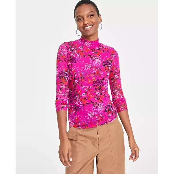 Women's Patterned Mock-Neck Mesh Top, Created for Macy's-Magnta moon
