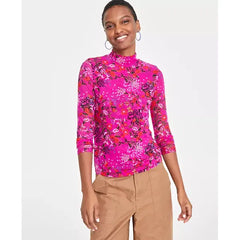 Women's Patterned Mock-Neck Mesh Top, Created for Macy's-Magnta moon