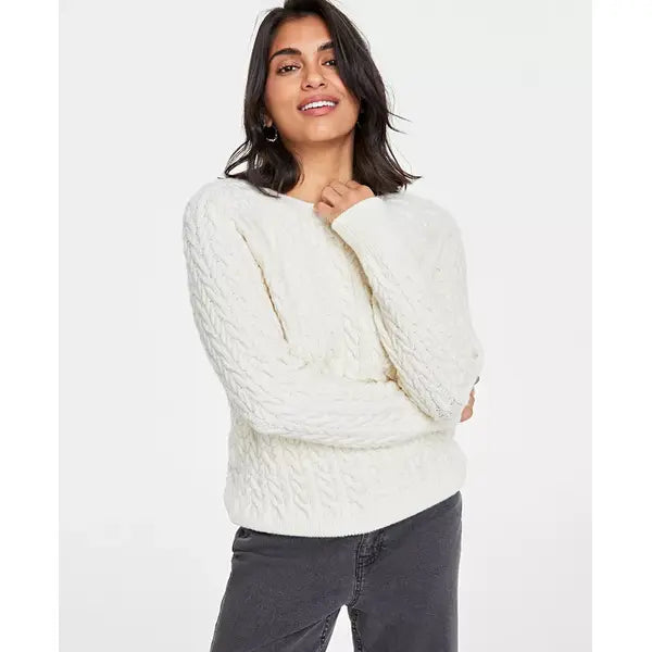 Women's Cozy Cable-Knit Crewneck Sweater, Created for Macy's-Alabaster