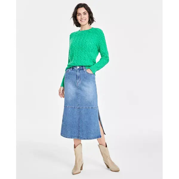 Women's Cozy Cable-Knit Crewneck Sweater, Created for Macy's-Bright green