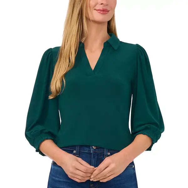 Macy's Women's Collared V-Neck Puff Shoulder 3/4-Sleeve Top-Dark forest