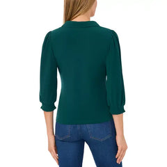 Macy's Women's Collared V-Neck Puff Shoulder 3/4-Sleeve Top-Dark forest