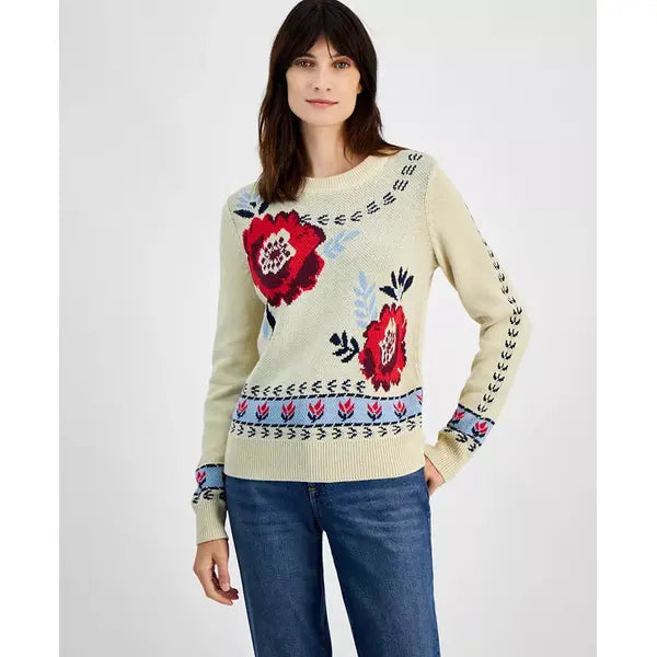 Women's Floral Crewneck Pullover Sweater, Created for Macy's-Festival floral