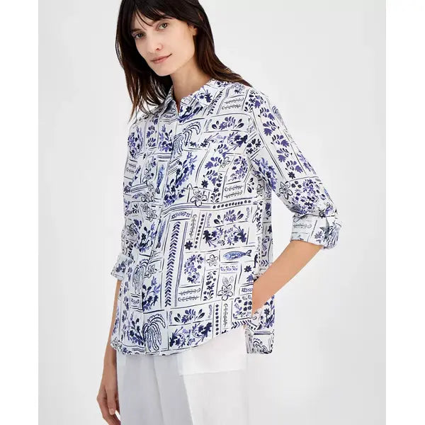 Women's Ceramic-Print Linen Button-Up Shirt, Created for Macy's-Cassis Ceramic