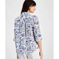 Women's Ceramic-Print Linen Button-Up Shirt, Created for Macy's-Cassis Ceramic