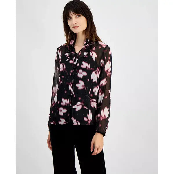 Anne Klein Womens Printed Long Sleeve Button Front Shirt for Work or Casual Wear , Size XXS