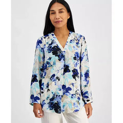 Anne Klein Petite Floral Pleat Front Roll Tab Tunic, Stylish Comfortable Top for Casual or Office Wear