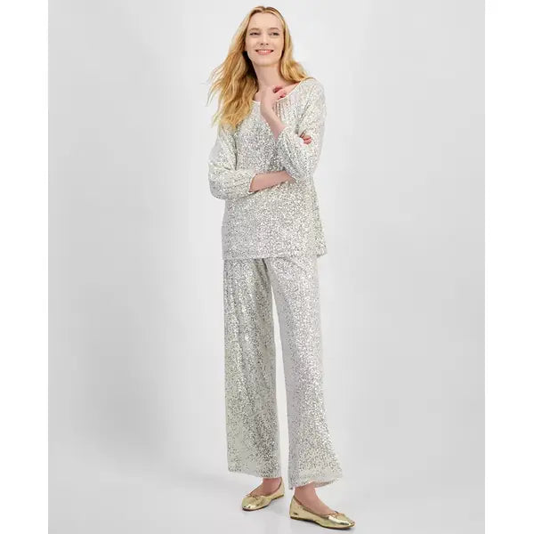 Women's Sequin Boat-Neck Top, Created for Macy's-New natural