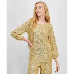 Women's Sequin Boat-Neck Top, Created for Macy's-Coffee yellow