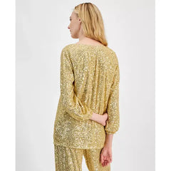 Women's Sequin Boat-Neck Top, Created for Macy's-Coffee yellow