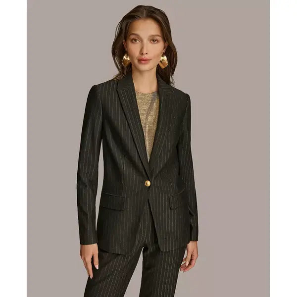 Women's Metallic Pinstripe One-Button Blazer,Created by macy's-BLK/Gold