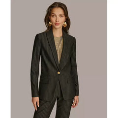 Women's Metallic Pinstripe One-Button Blazer,Created by macy's-BLK/Gold