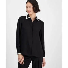 Anne Klein Womens Contrast Trim Button Front Blouse, Elegant Stylish Womens Top