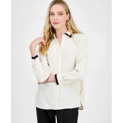 Anne Klein Womens Contrast Trim Button Front Blouse, Elegant Stylish Womens Top