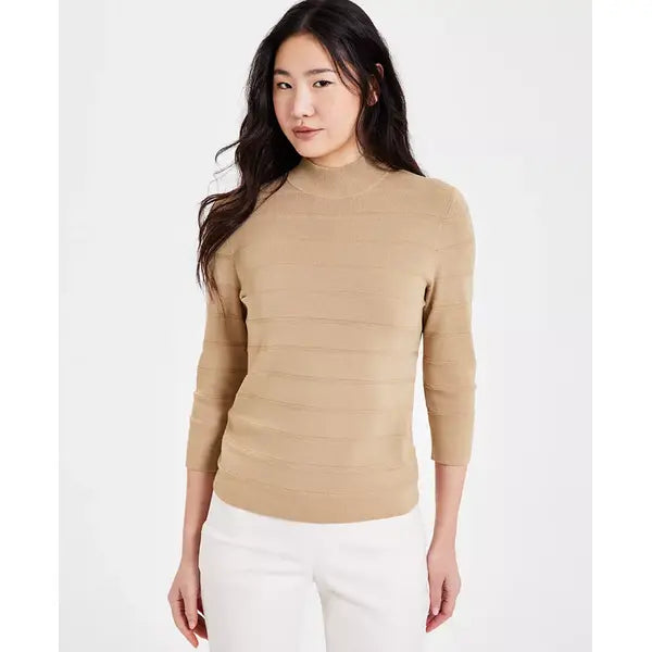 Anne Klein Womens Mock Neck Three Quarter Sleeve Sweater, Elegant Soft Knit for Work or Casual, Coffee Cream