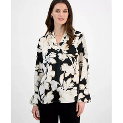 Anne Klein Petite Floral Print Long Sleeve V Neck Blouse, Elegant Lightweight Top for Work or Casual Wear