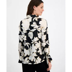 Anne Klein Petite Floral Print Long Sleeve V Neck Blouse, Elegant Lightweight Top for Work or Casual Wear