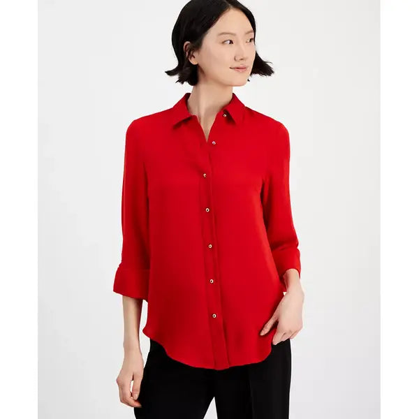 Anne Klein Womens Chain Trim Roll Sleeve Shirt, Stylish Top for Work or Casual Outfits