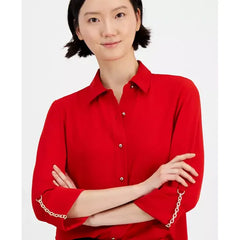 Anne Klein Womens Chain Trim Roll Sleeve Shirt, Stylish Top for Work or Casual Outfits