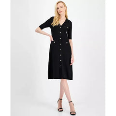Anne Klein Womens Ribbed Button Front A Line Dress, Stylish Comfortable Casual Dress