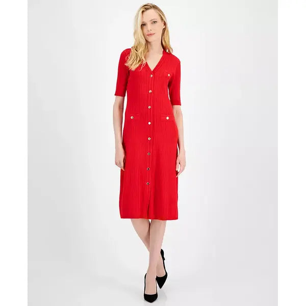 Anne Klein Womens Ribbed Button Front A Line Dress, Stylish Comfortable Casual Dress