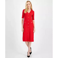 Anne Klein Womens Ribbed Button Front A Line Dress, Stylish Comfortable Casual Dress