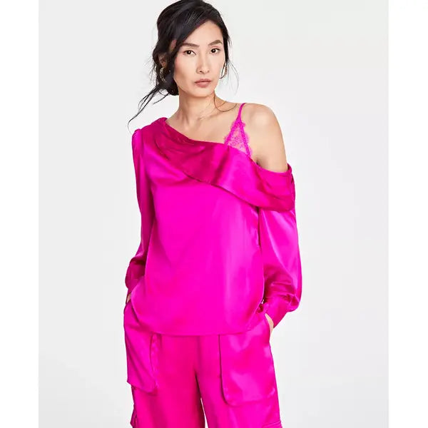 Women's Lace-Shoulder Long-Sleeve Blouse, Created for Macy's-Fuchsia Po