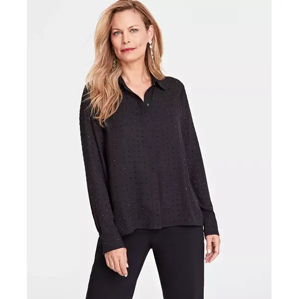Women's Rhinestone Button-Front Blouse, Created for Macy's-Black