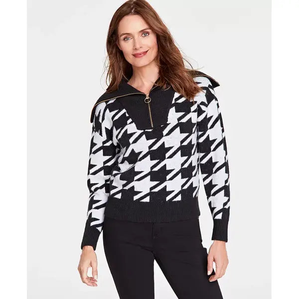 Women's Houndstooth Quarter-Zip Sweater, Created for Macy's-Houndstoot