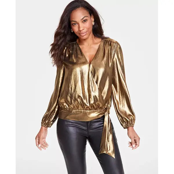 Women's Foil Tie-Waist Blouse, Created for Macy's-Gold