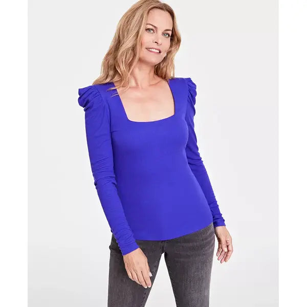 Women's Puff-Sleeve Square-Neck Ribbed Top, Created for Macy's-Deep laris