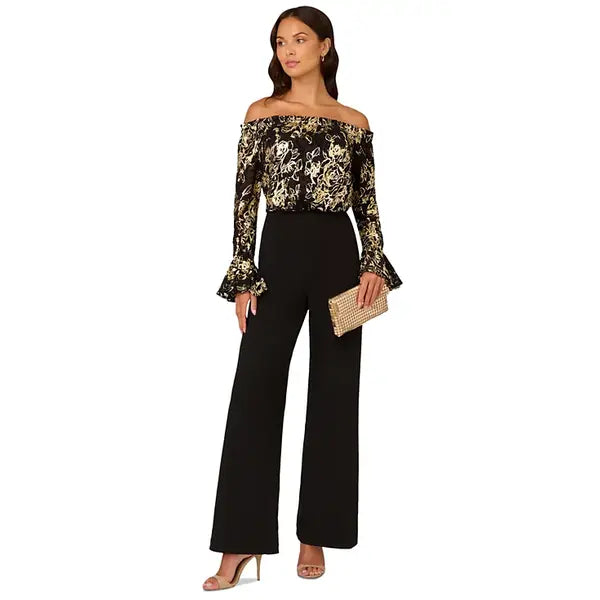 Adrianna Papell Womens Off The Shoulder Lace and Crepe Jumpsuit, Stylish Evening or Special Occasion Outfit