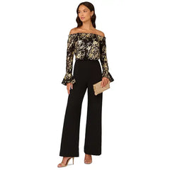 Adrianna Papell Womens Off The Shoulder Lace and Crepe Jumpsuit, Stylish Evening or Special Occasion Outfit